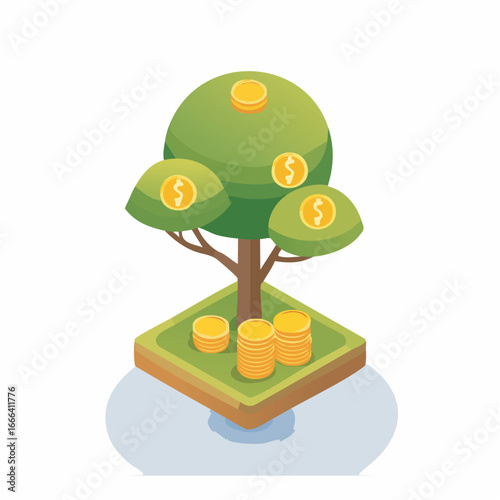 Money tree growing on small island with gold coins symbolizing financial growth and investment opportunities in a prosperous and sustainable manner.