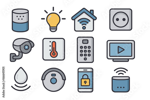 Smart home technology icon set. Vector collection of home automation device symbols. IoT, security camera, smart speaker, lighting, thermostat and remote control icons.