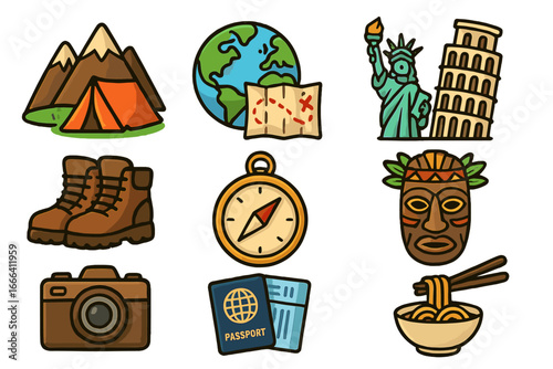 Adventure Travel Icons Set Vector, Camping Mountain Exploration, World Map Navigation, Famous Landmarks, Culinary Culture Noodles, Traveling Essentials, Cartoon Illustration Transparent
