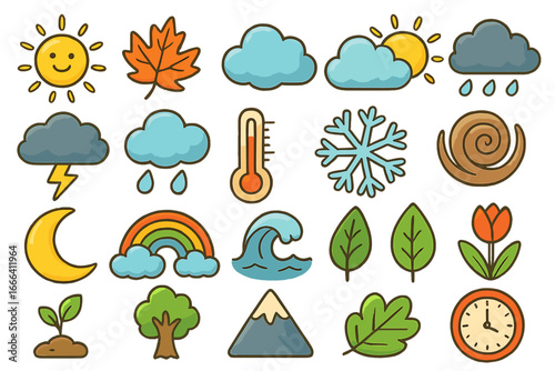 Colorful collection of weather and nature icons for all four seasons. Cute cartoon vector elements: sun, cloud, rain, snow, plant, leaf. Flat design for web or print.