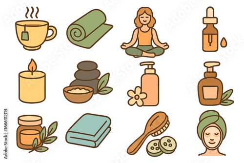 Wellness and self-care icon set for a mindful lifestyle. Vector collection with yoga, spa, relaxation, and beauty symbols. Natural therapy, aromatherapy, and meditation items.