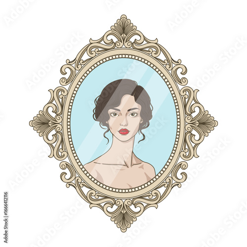 Reflection of a beautiful woman in a vintage mirror vector illustration