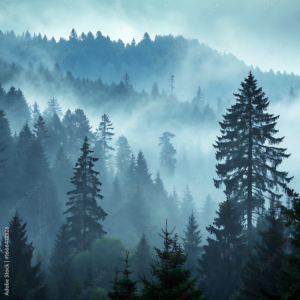Obraz premium Misty evergreen forest with rolling hills in the background