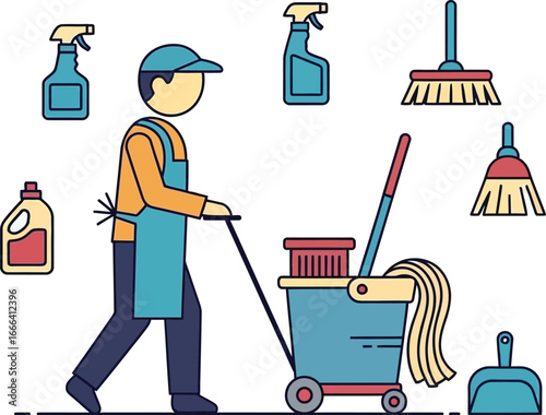 A vector illustration depicting a cleaning person with various cleaning supplies, ready to work.