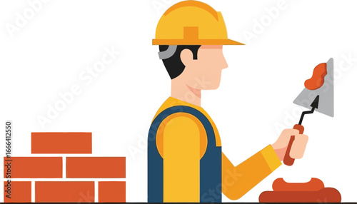 A construction worker wearing a hard hat, applying mortar to a trowel, preparing bricks.