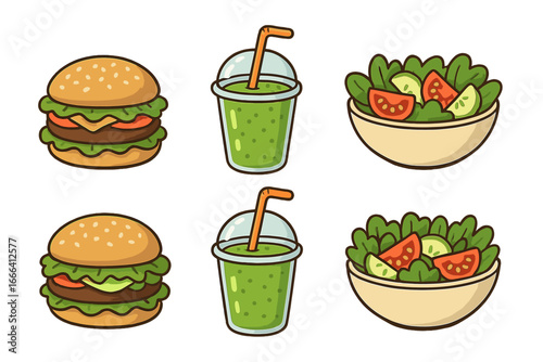 Healthy food icons set. Cartoon vector burger, green smoothie, salad bowl illustrations for wellness, nutrition, vegetarian, fast food, diet and healthy eating concept designs isolated