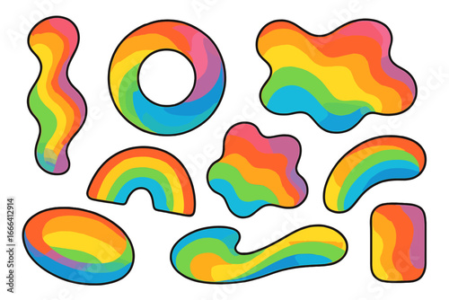Set of colorful abstract liquid shapes with rainbow gradient. Vector groovy psychedelic retro stickers. Pride month, LGBTQ+ equality concept. Modern vibrant graphic elements.
