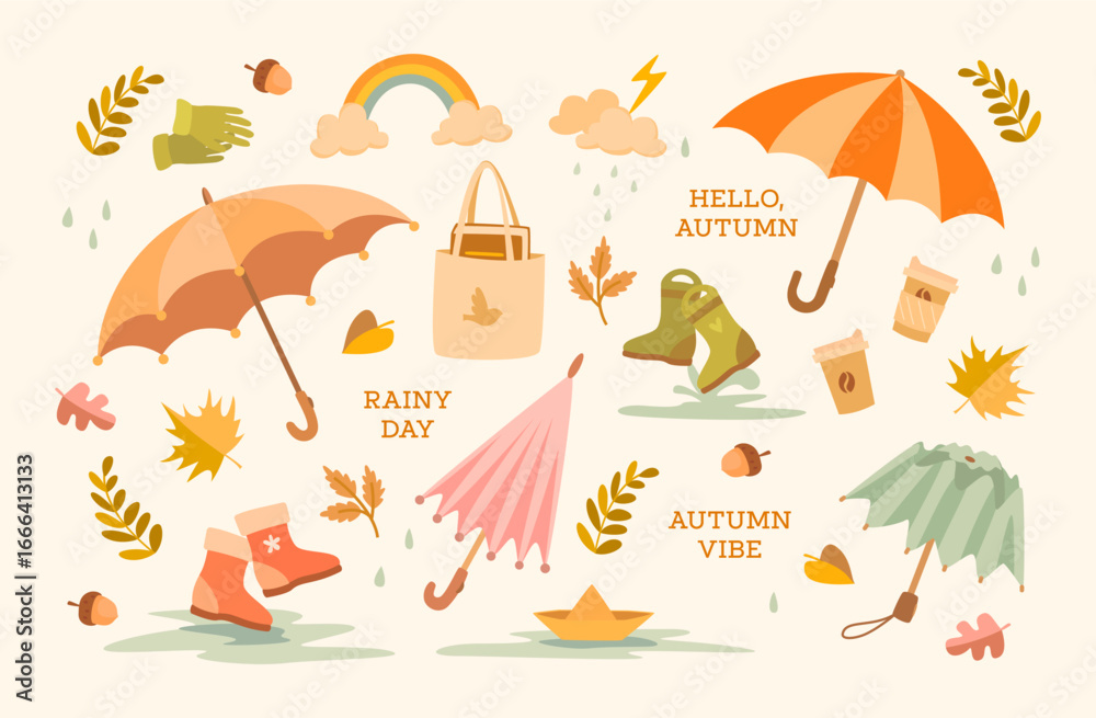 Naklejka premium Cute autumn illustration set with umbrellas, rain boots, coffee cups, leaves, acorns, and cozy seasonal elements. Perfect for seasonal greeting cards, stickers, posters, planners