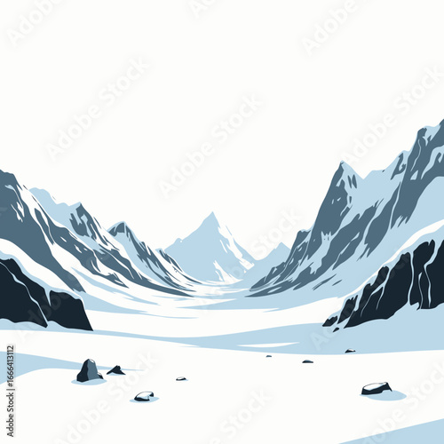 Serene Snow-Covered Mountain Landscape with Pristine White Peaks and Majestic Rocky Slopes Underneath a Clear Blue Sky