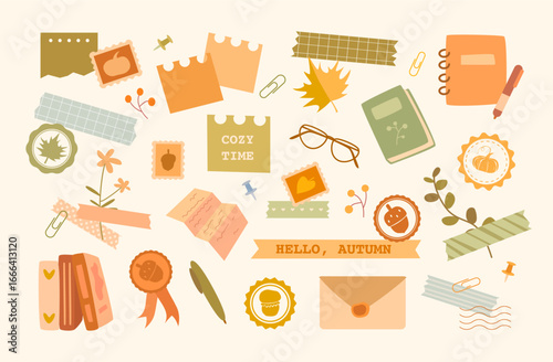 Autumn themed clipart collection with cozy stationery elements including notebooks, glasses, stamps, envelopes, leaves, berries, washi tape. Ideal for seasonal stationery, digital stickers, postcards