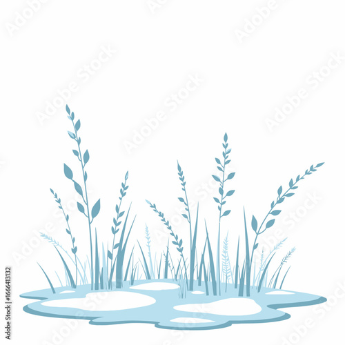 Tranquil Winter Scene of Frost-Covered Grassy Plants Emerging from Smoothly Covered Icy Patch in Serene Minimalistic Art Style