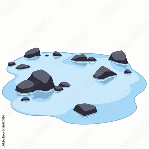 Peaceful Water Body with Scattered Stones Creating Serene and Tranquil Natural Scene Under Clear Sky Amidst Minimalistic Landscape