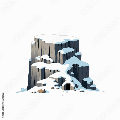 Rustic Snow-Covered Hideaway: Isolated Stone Structure With an Entrance Amidst Wintry Landscape