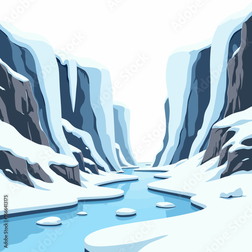 Scenic Winter Wonderland with Snow-Capped Mountains and Icy River Flowing Through Frozen Landscape Under Clear Blue Sky