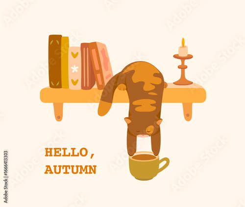 Cute illustration of a cat sitting lazily and cozy on a bookshelf with a candle and a cup. Wonderful autumn cozy illustration. Perfect for sticker, print, poster, packaging