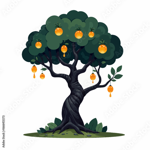 Vibrant Orange-Fruited Tree Standing Solitary with Lush Green Foliage and Swirling Trunk, Set against Pristine White Background, Evoking Nature's Artistic Display