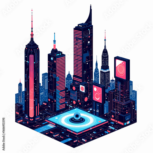 Futuristic Metropolis Digital Render Showcasing Neon Skyscrapers and Advanced Technology Imagined for a Dynamic Urban Environment