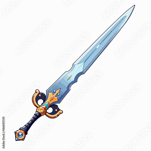 Intricately designed fantasy sword featuring a gleaming blue steel blade with ornate gold detailing and a jewel-adorned hilt, embodying heroic quests