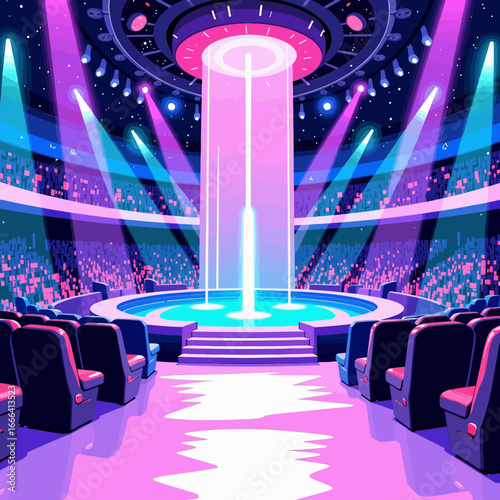 Futuristic Auditorium with Neon Lights and Central Glowing Tower Illuminating Empty Rows of Modern Chairs