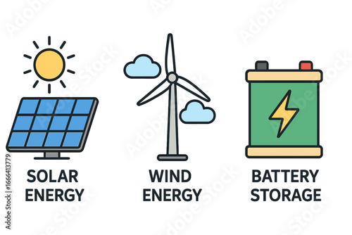 Renewable energy icons set solar panel sun wind turbine battery storage clean power generation green electricity eco friendly sustainable resources vector illustration isolated