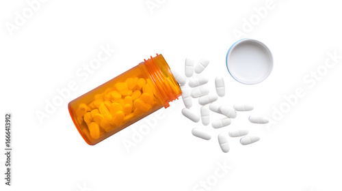 Top view of an orange pill bottle with white pills spilling out
