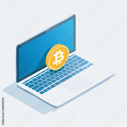 Bitcoin coin rests on laptop keyboard representing cryptocurrency and digital finance in modern technology era.