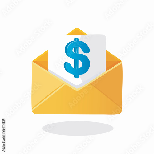 Yellow envelope containing a dollar sign floats against a white backdrop, symbolizing financial communication and potential earnings in a simple, clean style.