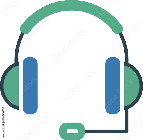 A teal and blue headset with microphone, communication device icon.