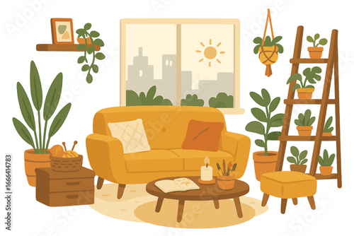 Cozy living room interior with a yellow sofa, houseplants, and an urban city view from the window. Modern home decor for relaxation and creativity. Hygge lifestyle concept vector.