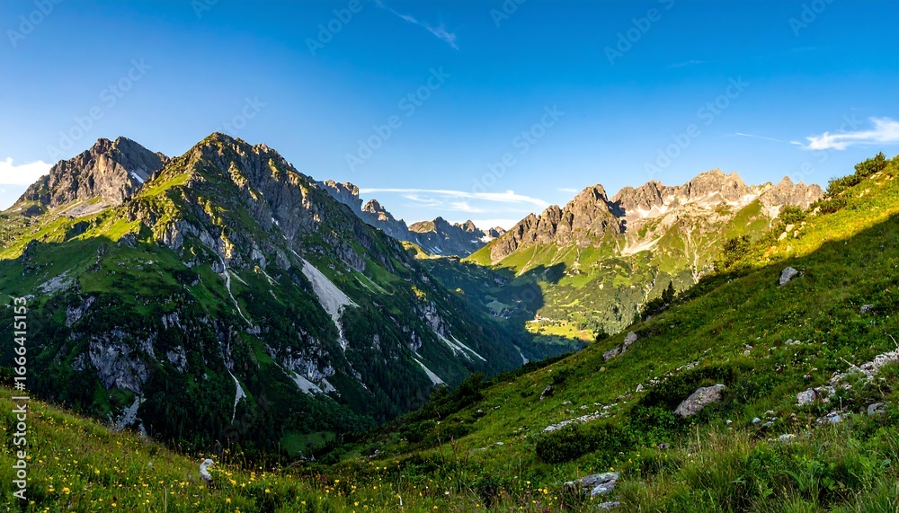 Obraz premium Picturesque mountain valley vista showcasing lush green slopes and towering peaks under a vibrant blue sky.