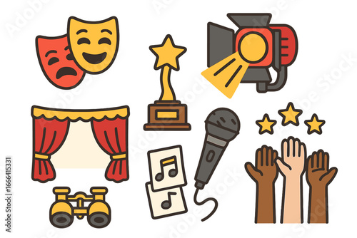 A versatile set of theater and performance art icons. Features comedy and tragedy masks, stage, award, spotlight, and microphone. For entertainment, cinema, or show concepts.