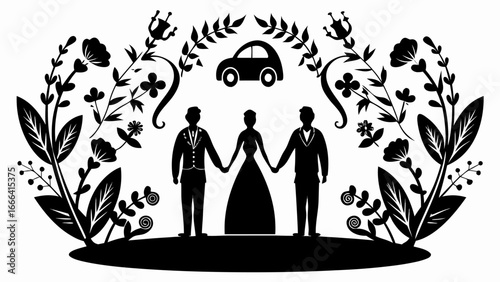 Silhouette of two grooms and bride holding hands under a car with floral accents in black and white art
