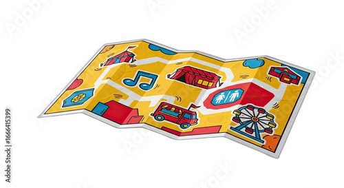 A colorful cartoon map depicting a fun fair with a ferris wheel and other attractions
