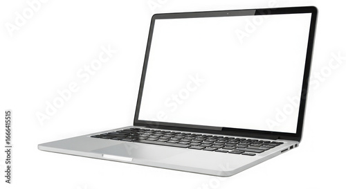 Modern silver laptop computer open displaying blank screen transparent background