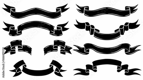 Collection of ten black banner ribbon designs with varying shapes and orientations on a white background