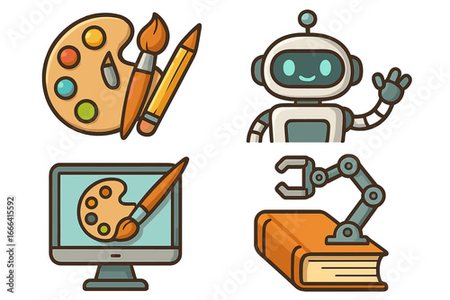 Art meets technology vector icon set. Creative tools, robot, robotic arm, book. Concept for STEAM, innovation, AI in art, future education, and automated learning.