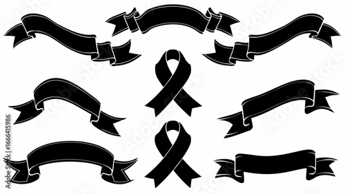 Collection of black ribbons and awareness ribbons in various shapes and orientations on white background