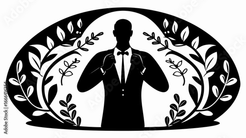 Silhouette of a man in a suit adjusting his bow tie framed by floral elements in an oval shape design