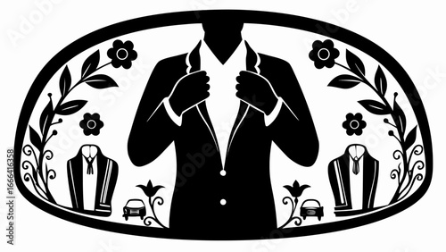 Silhouette of a man in a suit adjusting his jacket within an oval frame with floral decorations