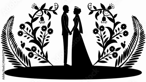 Silhouette of a bride and groom holding hands surrounded by floral and fern embellishments in black and white