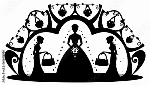 Silhouette of a bride with two bridesmaids in an ornate frame with hanging decorations and floral accents