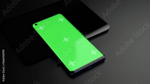 Modern Smartphone with Green Screen and Tracking Markers on Dark Reflective Surface. Mobile Device Chroma Key Display for Digital Content Mockup.