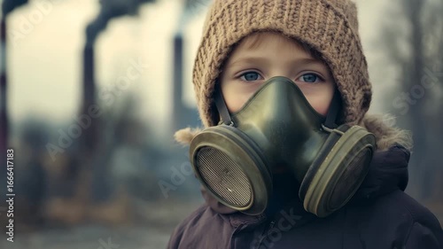 Child protecting himself from toxic fumes by wearing gas mask in front of polluting factory chimneys