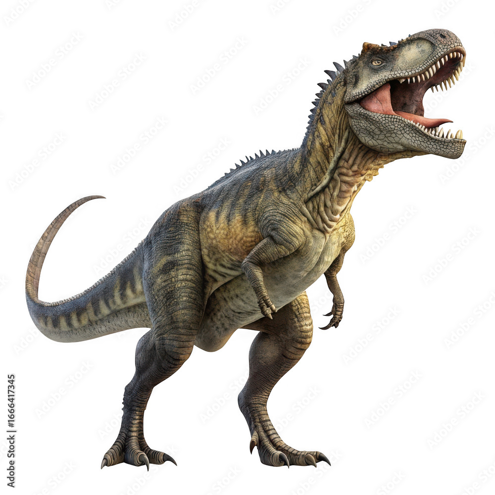 Obraz premium Fierce tyrannosaurus rex roaring with sharp teeth and powerful stance isolated on 3d