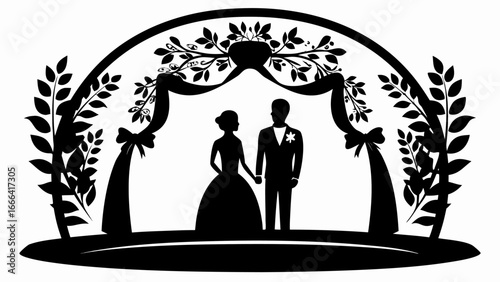 Silhouette of a bride and groom holding hands under a floral archway with ribbons and leaves decor, black and white