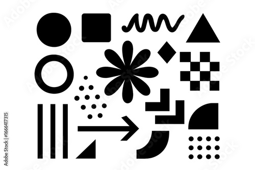 Set of abstract geometric shapes and brutalist forms. Collection of minimalist black and white design elements. Vector illustration of basic figures for modern graphic design.