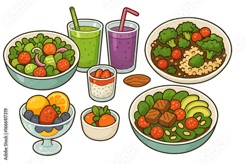Healthy food set vector cartoon illustration. Collection of fresh salads, smoothies, fruit bowls and desserts for clean eating, diet and nutrition. Wellness meal prep concept.