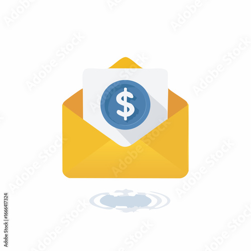 Yellow envelope containing dollar coin represents sending money online, indicating financial transaction and secure payment method.