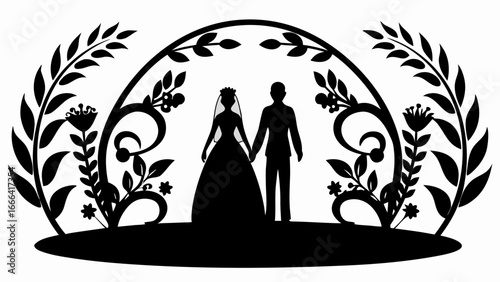 Silhouette of a bride and groom holding hands under a floral archway in black and white illustration