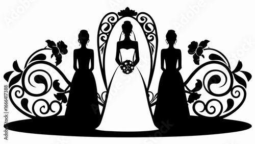Silhouette of bride with bridesmaids and floral swirls on a white background design vector image